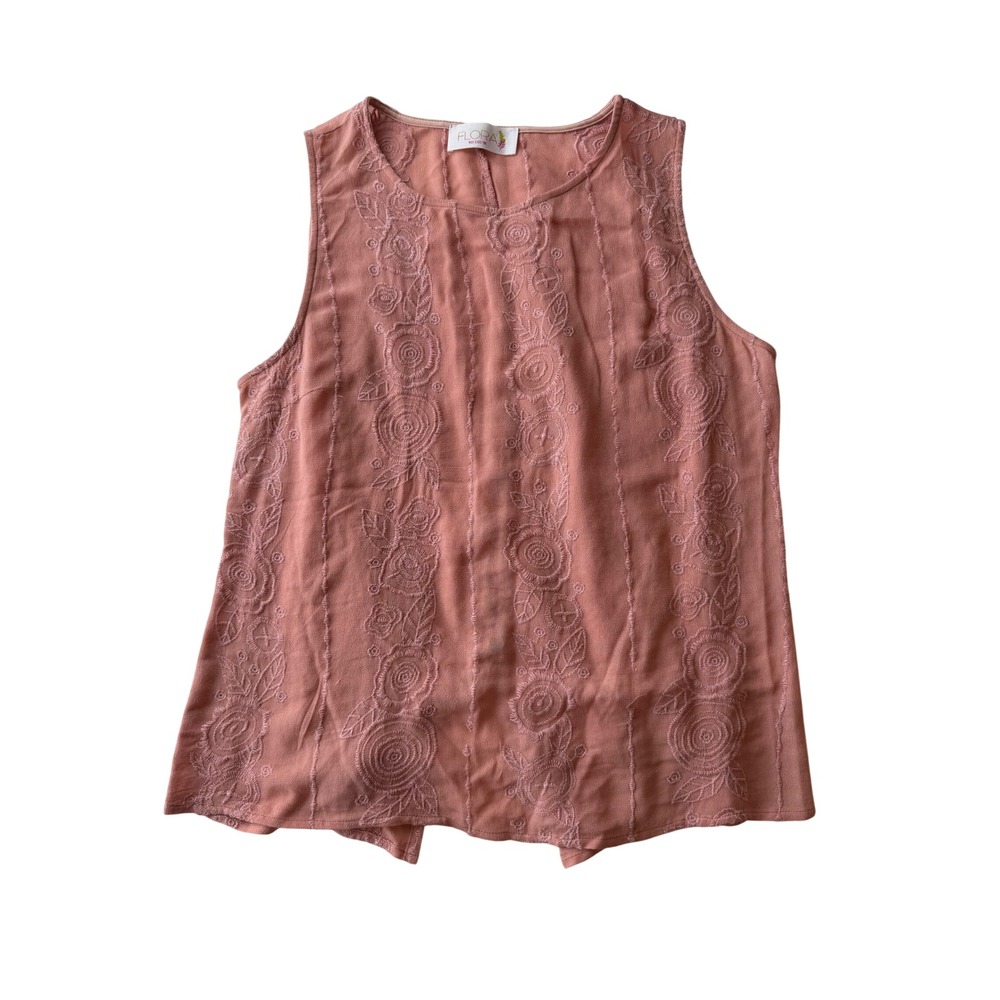 Flora Tank Top Dusty Rose Floral Embroidery Split Back Bohemian Ethereal Chic M